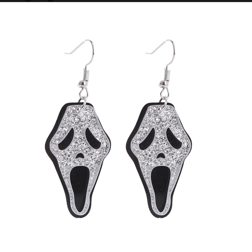 Ghost Face Glitter Drop Earrings | Silver Black Halloween Horror Jewelry